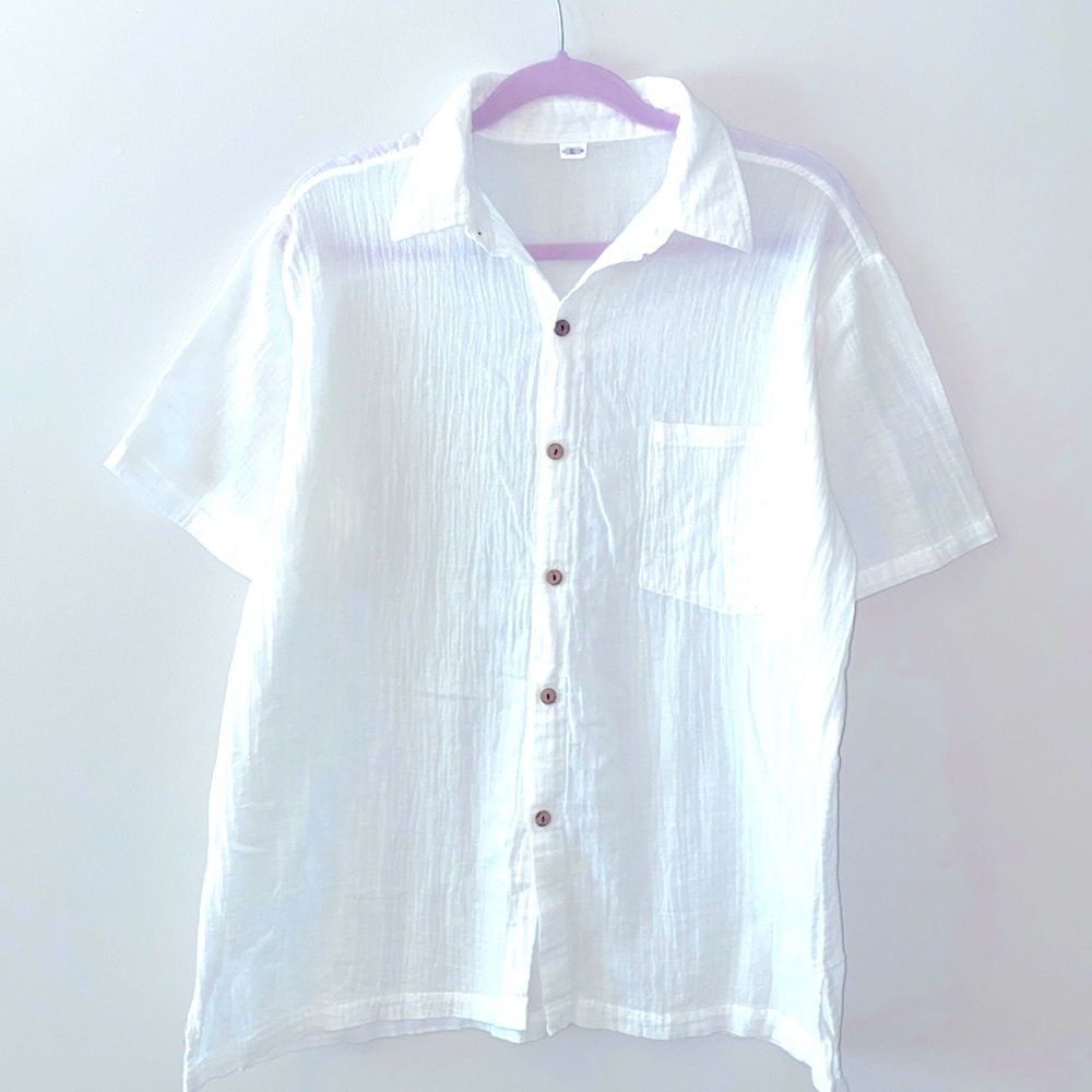 White Linen Short Sleeve Dress Shirt XL